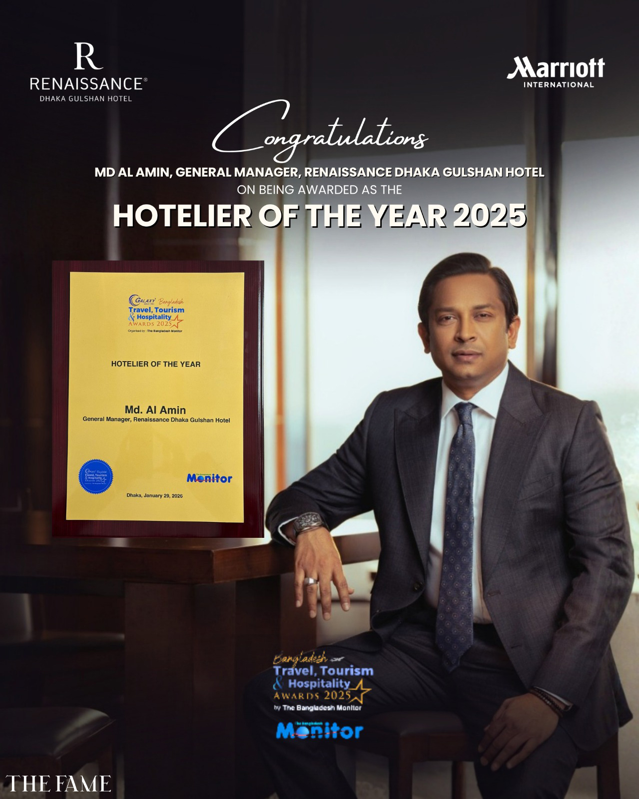 Mr. Md Al Amin – The General Manager of Renaissance Dhaka Gulshan Hotel Honored as “Hotelier of the Year 2025” at Bangladesh Travel & Tourism Awards