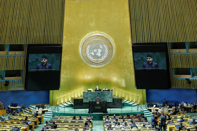 Nepal Prime Minister Balendra Shah addresses the 81st United Nations General Assembly at UN headquarters in New York City, the United States