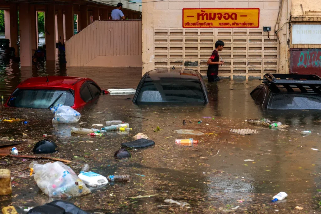 Submerged cars on a flooded street